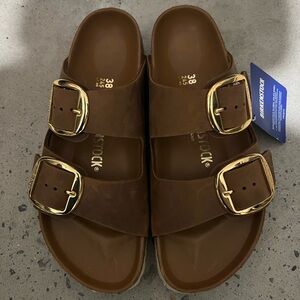 Birkenstock Arizona Big Buckle Slide Sandal in Antique Cognac Oiled Leather